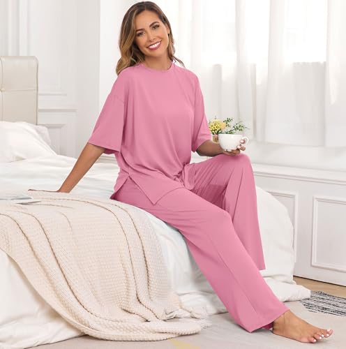 Image of PrinStory Womens Pajamas Sets 2 Piece Lounge Set Short Sleeve Tops and Long Pants Soft Pjs Loungewear with Pockets
