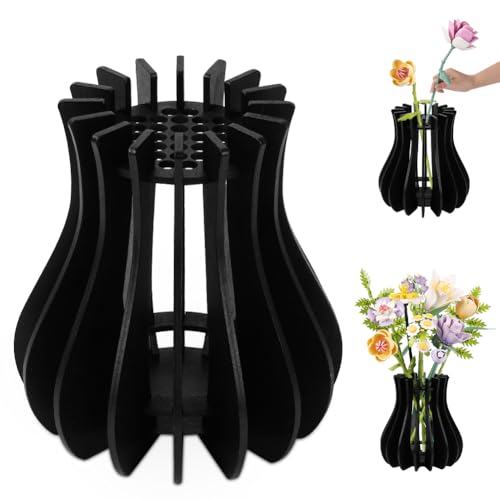 AOOTE Wooden Puzzle Flower Vase Puzzle Wooden Vase Set Compatible for Flowers Bouque 3D Woodens Puzzles vase for Lego Roses Cherry Blossoms Tulips Sunflowers Display Home Decor Black