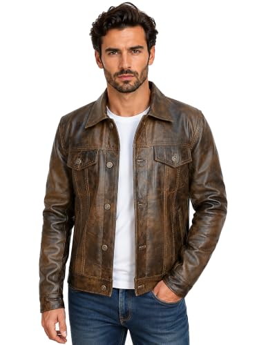 Veste de camionneur en cuir véritable pour homme - Col chemise, style cowboy occidental, veste en cuir de mode, marron vintage, L