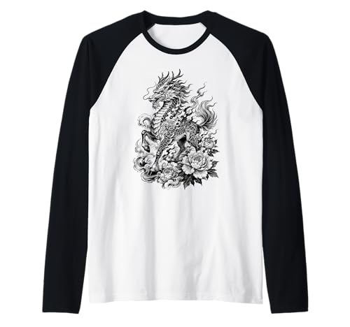 Traditional Japanese Kirin Dragon in Irezumi Style Raglan Baseball Tee