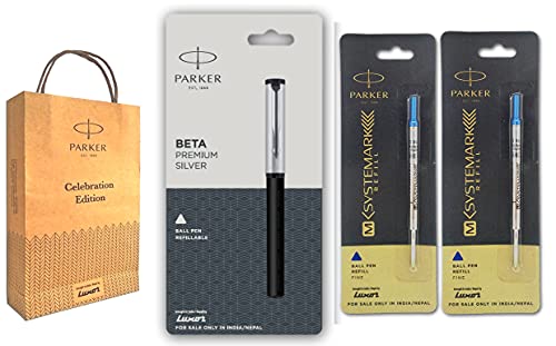Parker Beta Premium Silver Ball Pen with with Extra Two Blue Systemark Refills and Parker Gift Bag