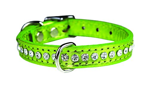 Image of Signature Leather Crystal Dog Collar, Metallic Lime Green Solid Grain Leather, Fits 7.5 inch-9.5 inch Neck Size, 12 inch Overall Length
