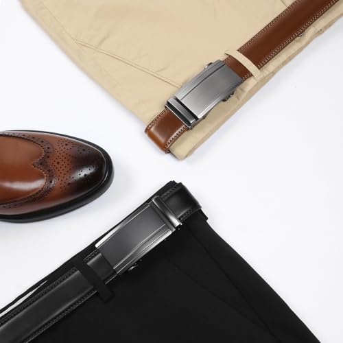 Image of Drowsmen Leather ratchet belt 1 3 /8 inch with Click Sliding Automatic Buckle, Adjustable belt Trim to Fit