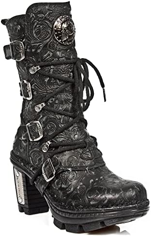 New Rock NEOTR005-S25 Vintage Floral Black Gothic Rock Punk Ladies Leather Fashion Calf Boots 42 | Image 2