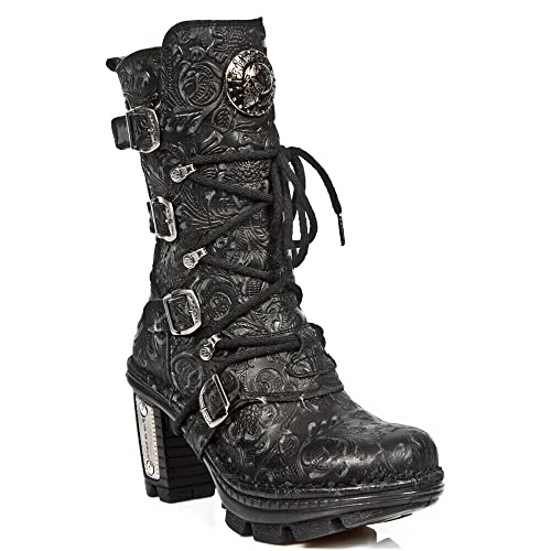 New Rock NEOTR005-S25 Vintage Floral Black Gothic Rock Punk Ladies Leather Fashion Calf Boots2