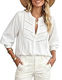 EsheSy Women's Button Down Shirts Lace Blouses Bracelet Sleeves Round Neck Loose Pleated Cotton Tops(White-S)