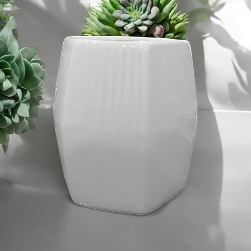 Image of Ceramic Planter Pot with Spiral Design, 17.78cm Height, White Planter Vase for Indoor Plants, Living Room Office Gardens (7 inch) Round (Hex)