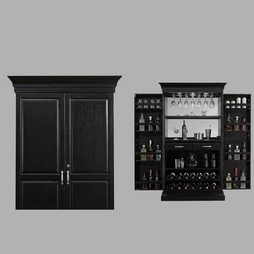 Image of APRODZ Solid Mango Wood Bar Cabinet for Home and Bar | Nucla Style Wooden Wine Storage Rack with Drawer, Glass Holder & Bottle Organizer Drink Wine Rack Organizer for Living Room,Black