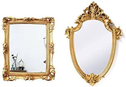 Vintage 11 x 9.5 inch Decorative Mirror, Wall Mounted & Tabletop Makeup Mirror ，Square Antique Gold and 16.9 x 11.8 inch Gold Shield Shape