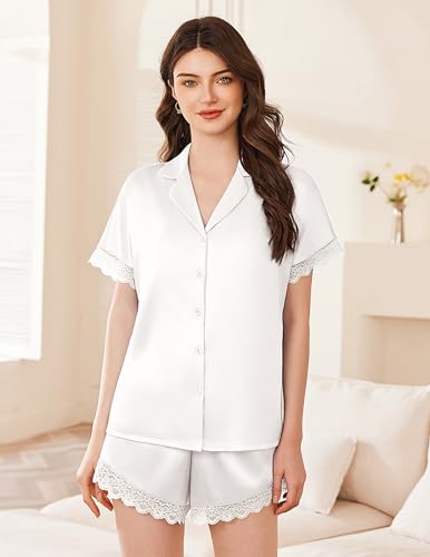 Ekouaer Womens Satin Silk Pajamas Set 2 Piece Button Down Pjs Shorts Set Short Sleeve Sleepwear Lace Trim Loungewear S-XXL3