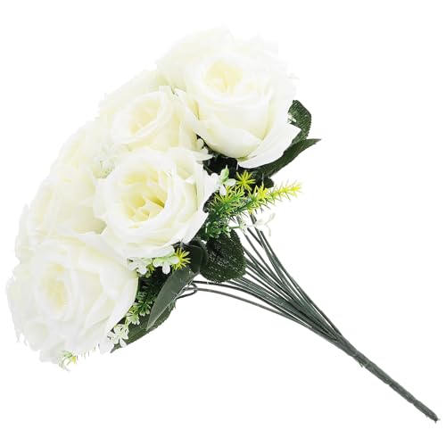 ERINGOGO Bouquet Finto per Tomba 18 Teste di Rose Artificiali Color Crema Composizione Floreale in Seta per Funerali e Decorazioni Cimiteriali Adatto per Giardino Balcone e Ingressi
