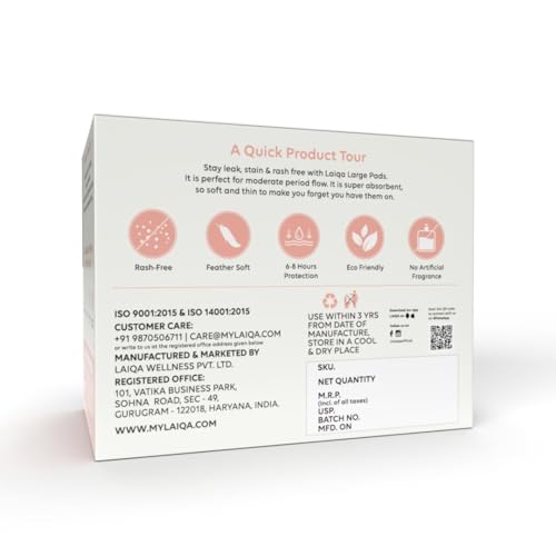 Image of LAIQA Ultra Soft Moderate Flow Sanitary Pads for Women| 10 Large Premium Pads with 10 Disposable Bag + 2 Free Pantyliners|Made with Natural Fibers|Rash-Free Pads with 4 wings|No Chlorine|No Fragrance