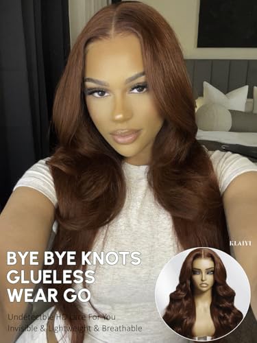Image of KLAIYI Bye Bye Knots Glueless Wig Reddish Brown Body Wave 7x5 Pre Cut HD Lace Front Wigs Human Hair Put On And Go Wig Pre Bleached Pre Plucked with Baby Hair 30S Ready To Wear 150% Density Full 22Inch
