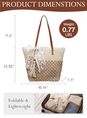 Bolso Tote de Playa de Paja para Mujer, Grande con Cierre miniatura 4