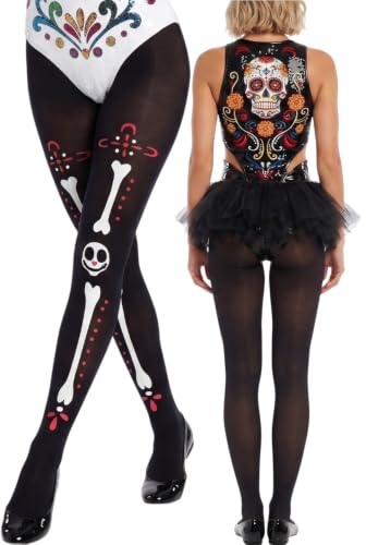 Image of ToBeInStyle Women's Sugar Skull Dia de los Muertos La Catrina Skeleton Bones Tights & Thigh High Stockings