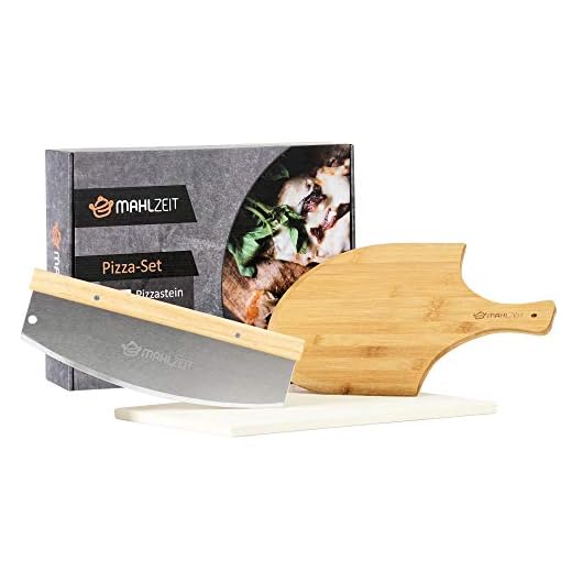 Mahlzeit 3-delat pizzaset | 40 x 30 cm | Pizzasten med spade och pizzakniv | pizzasten för ugn och grill | pizza tillbehörsset, pizzastensset, grillsten, tegel