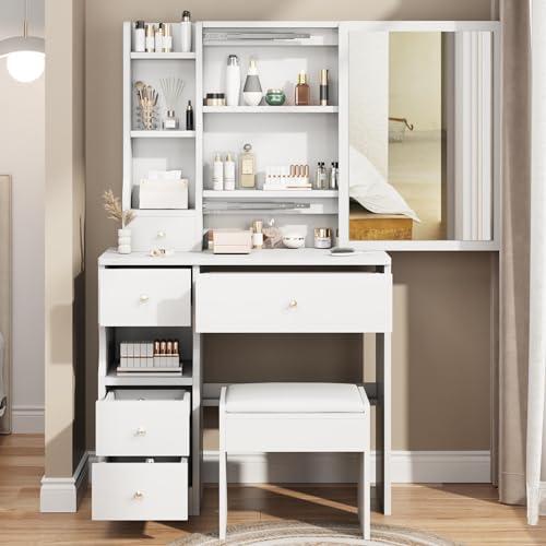 RIDFY Makeup Vanity with Mirror, Makeup Table with 5 Drawers & Shelves, Modern Bedroom Vanity Desk with Upholstered Stool, Large Sliding Mirror Vanity, Dressing Table Set for Women Girl Studio (White)