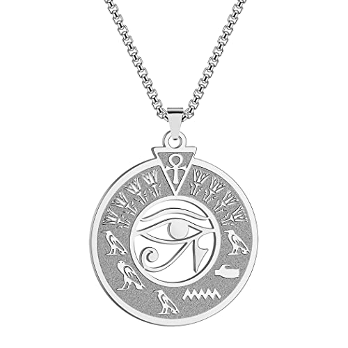 QIAMNI Auge des Horus Halskette für Männer Edelstahl Ägypten Hieroglyphe Kartusche Anhänger Auge des Ra Halskette Schmuck (Silver)