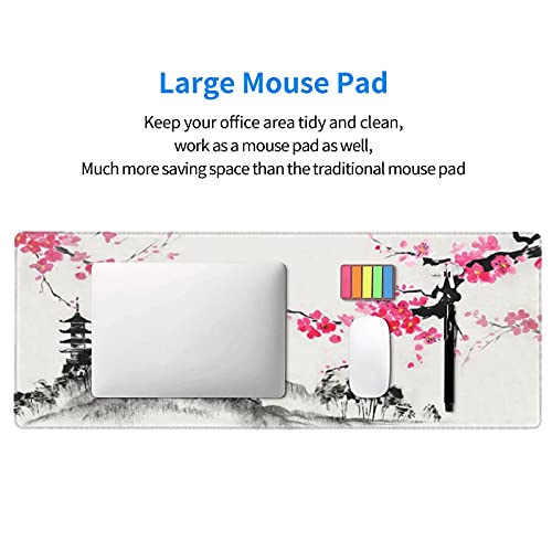 Image of Watercolor Landscape Sakura Cherry Blossom Gaming Mouse Pad 35.4x15.7inch with Stitched Edges Extended Waterproof Desk Mousepad Non-Slip Rubber Base Large Computer Keyboard Mat for Work /Office /Home