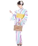 [SOUBIEN] ソウビエン 浴衣 3点 セット レディース (浴衣/帯/下駄) bonheuraisons ボヌールセゾン フリーサイズ レトロ 白 ホワイト 水色 ブルー 紫 パープル 黄色 よろけ縞 ラメ 綿 紅梅織 bra01097-obh01580
