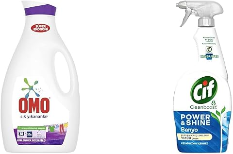 Omo Sıvı Çamaşır Deterjanı Sık Yıkanan Çamaşırlar İçin, 2470 ml, 38 Yıkama, 1 Adet(1) Cif Power Shine Cleanboost Sprey Temizleyici Banyo İçin Temizleyici ve Kireç Çözücü 750 ML(2)