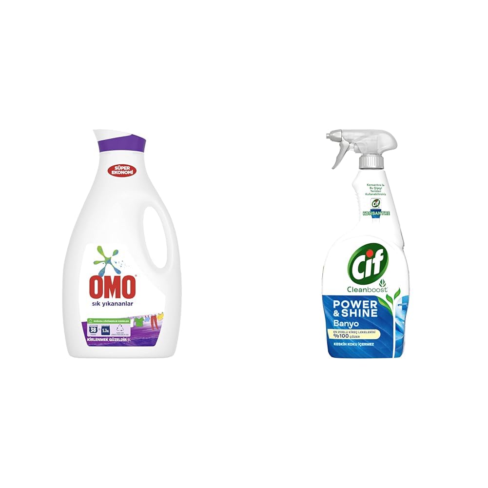 Omo Sıvı Çamaşır Deterjanı Sık Yıkanan Çamaşırlar İçin, 2470 ml, 38 Yıkama, 1 Adet(1) Cif Power Shine Cleanboost Sprey Temizleyici Banyo İçin Temizleyici ve Kireç Çözücü 750 ML(2)