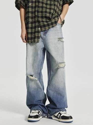 Jeans Pants Trouser Denim Retro Gradient with Hole Loose Straight High Street Men's3