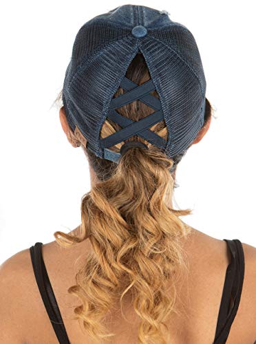 Funky Junque Criss Cross Hat Womens Baseball Cap Distressed Ponytail Messy Bun Trucker Ponycap (Navy Mesh - Denim (Distressed)) #TOP3