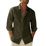 SEAYIJIA Camisa para Hombre de Manga Larga, en Algodón-Lino, con Bolsillo, Corte Estándar, Estilo Casual, Camisa de Playa de Verano, Verde Oliva M