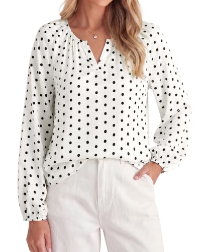Zenlonr Womens Dressy Casual Blouses V Neck Shirts,Dot White Black,XL