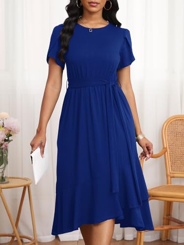Image of PerZeal Women's Summer Dress Casual Ruffle Sleeve Crewneck A-Line Tiered Flowy Short Sleeve Long Dress with Belt