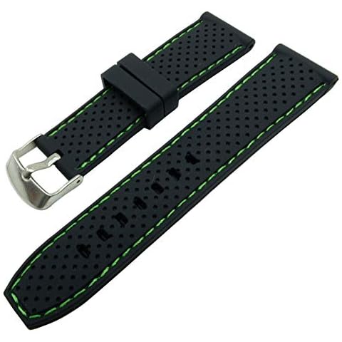 22mm Black Silicone Watch Band 2 Packs Rubber Replacement Sport Watch Strap with Silver Stainless Buckle Green Stitching Cover