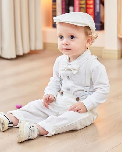 Image of nilikastta Baby Boy Wedding Outfits Infant Baby Boy Clothes Suit Dress Shirts /Suspender Pants /Bowtie /Beret Hat 0-18M