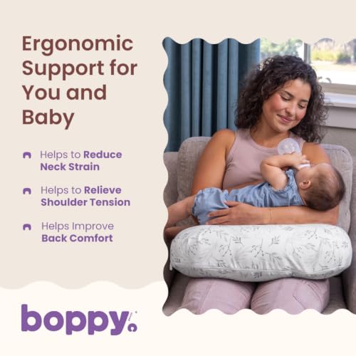 Image of Boppy Nursing Pillow - Verified Safe Breastfeeding Pillow with Softer Fill for Comfortable Support, Machine Wash & Dry Cover, Non-Toxic Materials - Gray Gentle Leaves