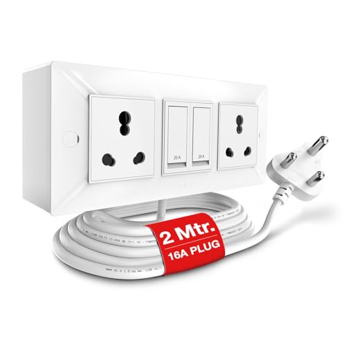 Image of GM Cuba 16A 2+2 Extension Board with 2Mtr Extension Cord, Heavy-Duty Power Strip with Dual 20A Switches, 16A 3-Pin Plug,for High-Power Appliances, Home, Kitchen & Office Use, White