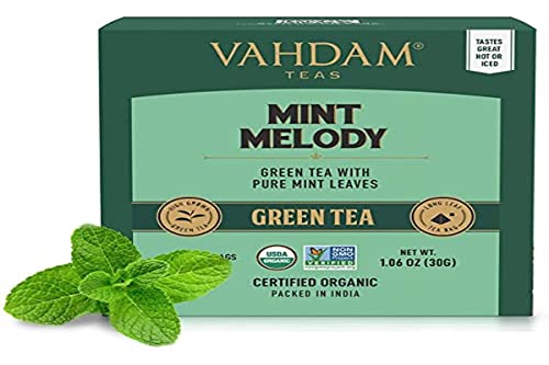VAHDAM, Mint Green Tea (15 Pyramid Tea Bags) Non-GMO, 100% Natural Spearmint & Peppermint Leaves | Fresh Mint Green Tea Bags, Long Leaf Green Tea Leaves