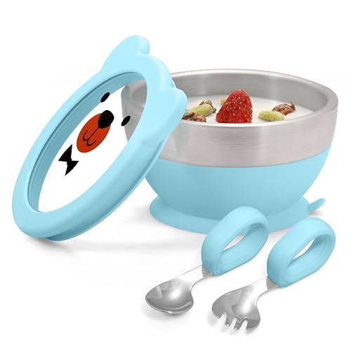 MR. CHOU Suction Baby Bowl Set with Spoon & Fork, Double-Wall 18/8 Stainless Steel Toddler Bowls with BPA Free Airtight Lids, Food Grade Infant Self-Feeding Bowl, First Stage Led Weaning Supplies Blue