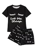 WDIRARA Women's Cute Cartoon Print Closed Eyes Print Tee and Shorts Pajama Set Black M