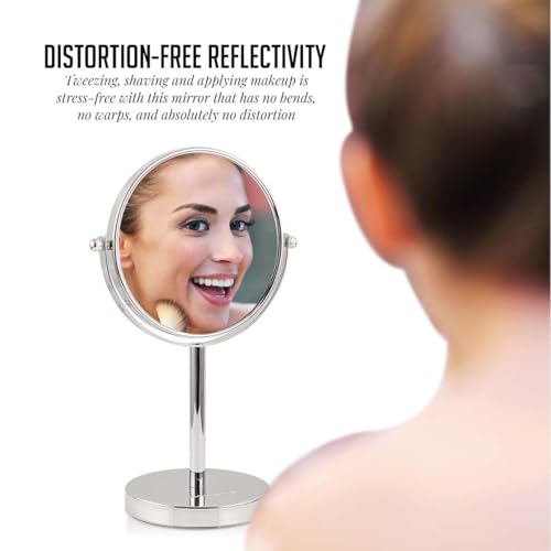 Image of OVENTE 6'' Tabletop Vanity Makeup Mirror, Polished Chrome MNLT60CH1X7X | Double Sided Round Magnifying Table Mirror with 1X /7X Magnification, 360 Rotation, Perfect for Dresser Bedroom Office Travel