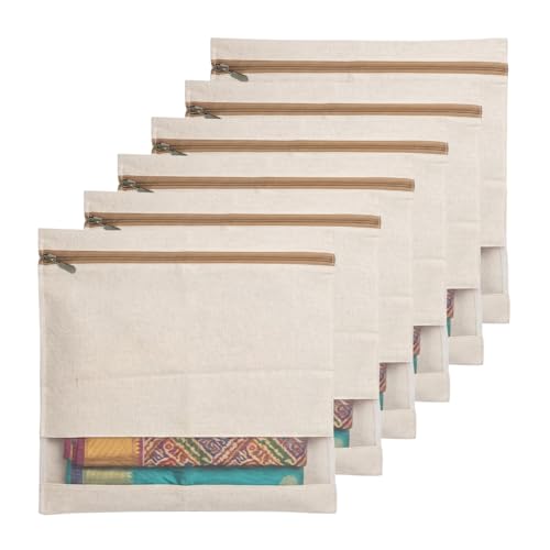 Image of RNTR Cotton Saree Bags /Covers For Storage Set Of - 6 Big Size Single (16 X 14 Inches) With Zip Closure For Clothes Bags And Wardrobe Organizer With Transparent Mesh Window, Beige