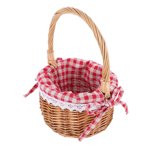 Lurrose Panier Rond Tressé Main en Osier Naturel et Rotin Petit Panier Décoratif Couleur Naturel Rouge à Carreaux pour Présent et Rangement pour...