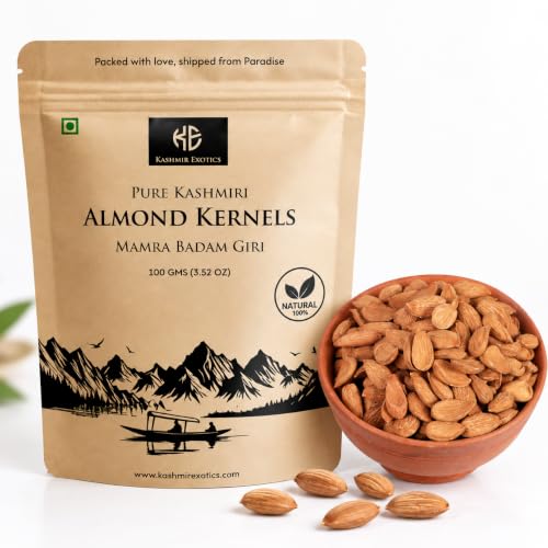Image of Kashmir Exotics Organic Kashmiri Mamra Almond Kernels 100g - Premium Handpicked Badaam Giri - Rich Oil Content, PUFA & MUFA Rich - 100% Natural Healthy Dry Fruits - Protein & Fiber Rich