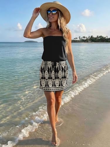 Image of SAUKOLE Summer Dress for Women Strapless Beach Cover Ups Boho Sundress Mini Dress Drawstring Waist with Pockets