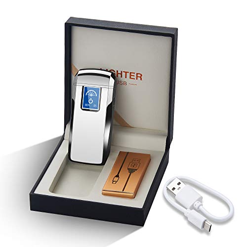Lighters Dual Arc Lighter Windproof Plasma Lighter USB Rechargeable Lighters Flameless Electronic Lighter with LED Display for Cigarettes Candles Fireworks (Silver)