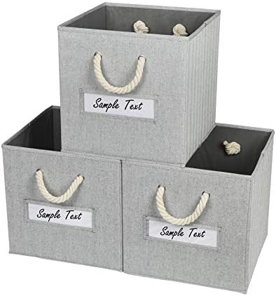 Onlycube 3 Pack Foldable Storage Bins for Cube Organizer with Cotton Rope Handles and Label Holders, Collapsible Basket Box Organizer for Shelves and Closet- Gray 13x13x13 inch