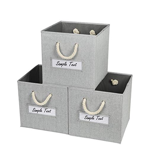 Image of Onlycube 3 Pack Foldable Storage Bins for Cube Organizer with Cotton Rope Handles and Label Holders, Collapsible Basket Box Organizer for Shelves and Closet- Gray 13x13x13 inch