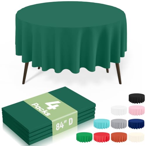 Image of misaya 4 Packs Disposable Plastic Table Cloth, 84 inch Round Waterproof Tablecloth, Leakproof & Sturdy Decorative Table Covers for Picnic, Party, Outdoor and Back to School, Christmas Green