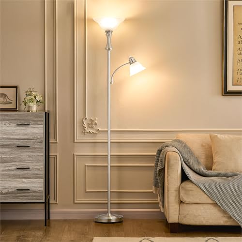 Image of Torchiere Floor Lamp with Adjustable Angle Reading Lamp-Silver 71IN | Standing Lamp for Bedroom with Glass Shade, Tall Floor Lamp for Living Room Decor, Office, Corner, Knob Switch, Bulb Included