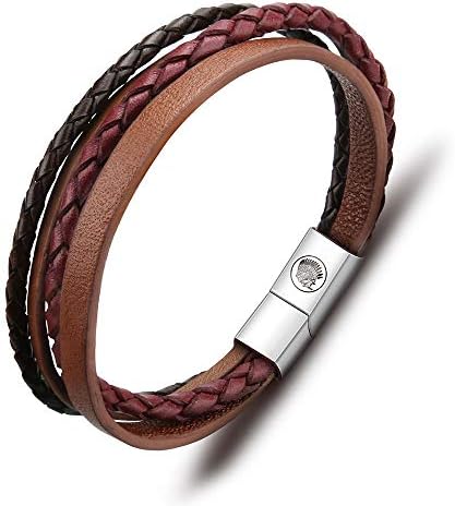 Mens Leather Bracelet  Classic Handmade Braided Black & Brown Cuff Bracelet with Engraved Magnetic Clasp Free Jewelry Gift Boxed