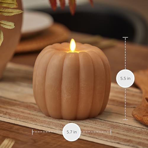 Image of Luminara Tall Pumpkin Figural Flameless Flickering Moving Flame LED Candle (5.7 inch x 5.5 inch), Chalky Finish Real Unscented Wax, Time Function (Irish Cream)